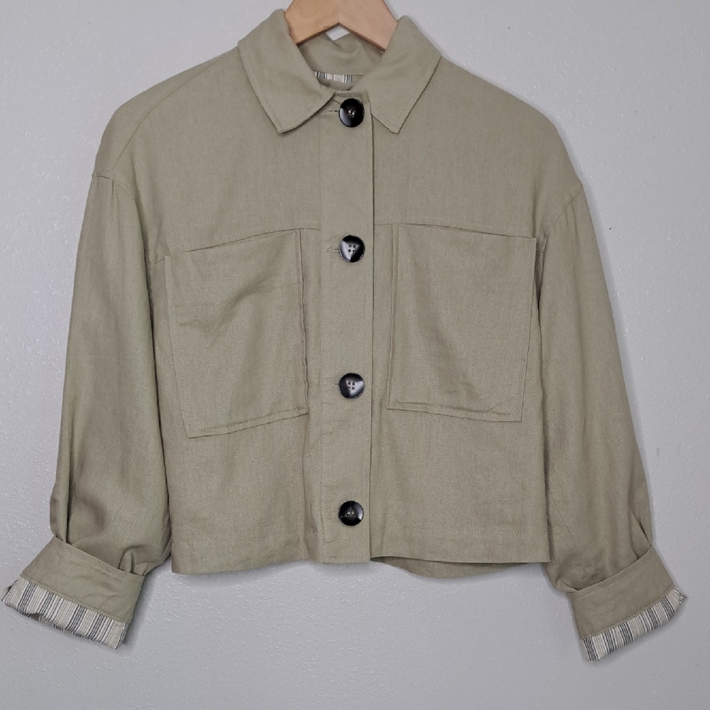 Zara Women's Crop Jacket Natural Linen Blend Boho Full Lined XS